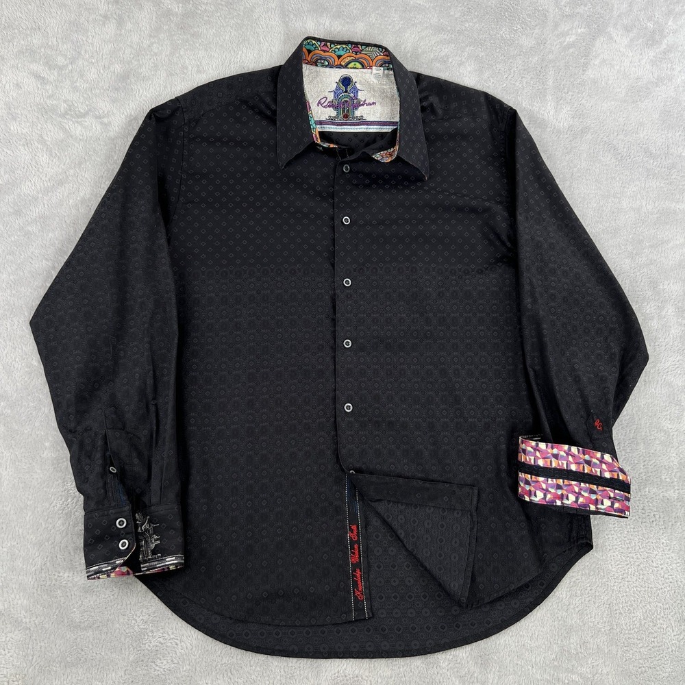 Robert Graham Jacquard Geometric Button Down Shirt XL Black Men Contrast Cuff